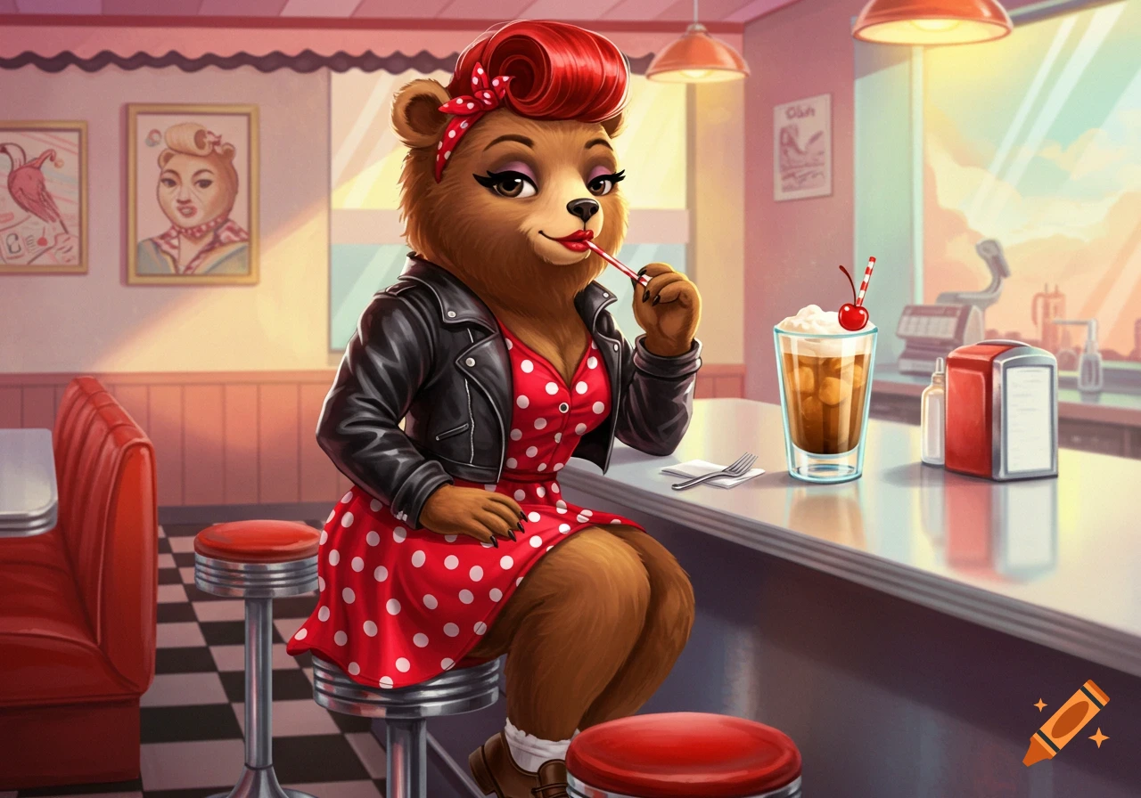 A cartoon bear with red hair and a polka dot dress sits at a diner counter, drinking iced coffee.