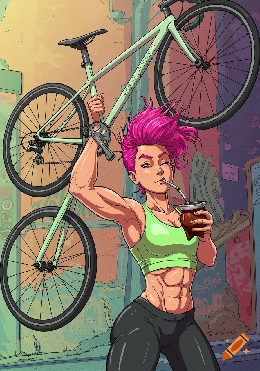 A muscular woman with pink hair holds a bicycle overhead and drinks mate in a vibrant urban cartoon style.