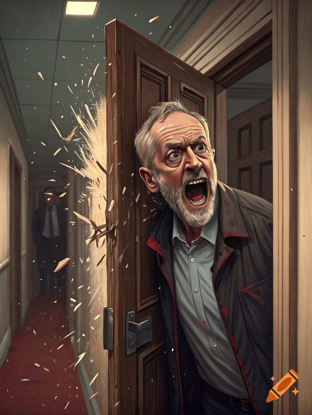 An illustration of a screaming man with a beard bursting through a splintering wooden door into a hallway.