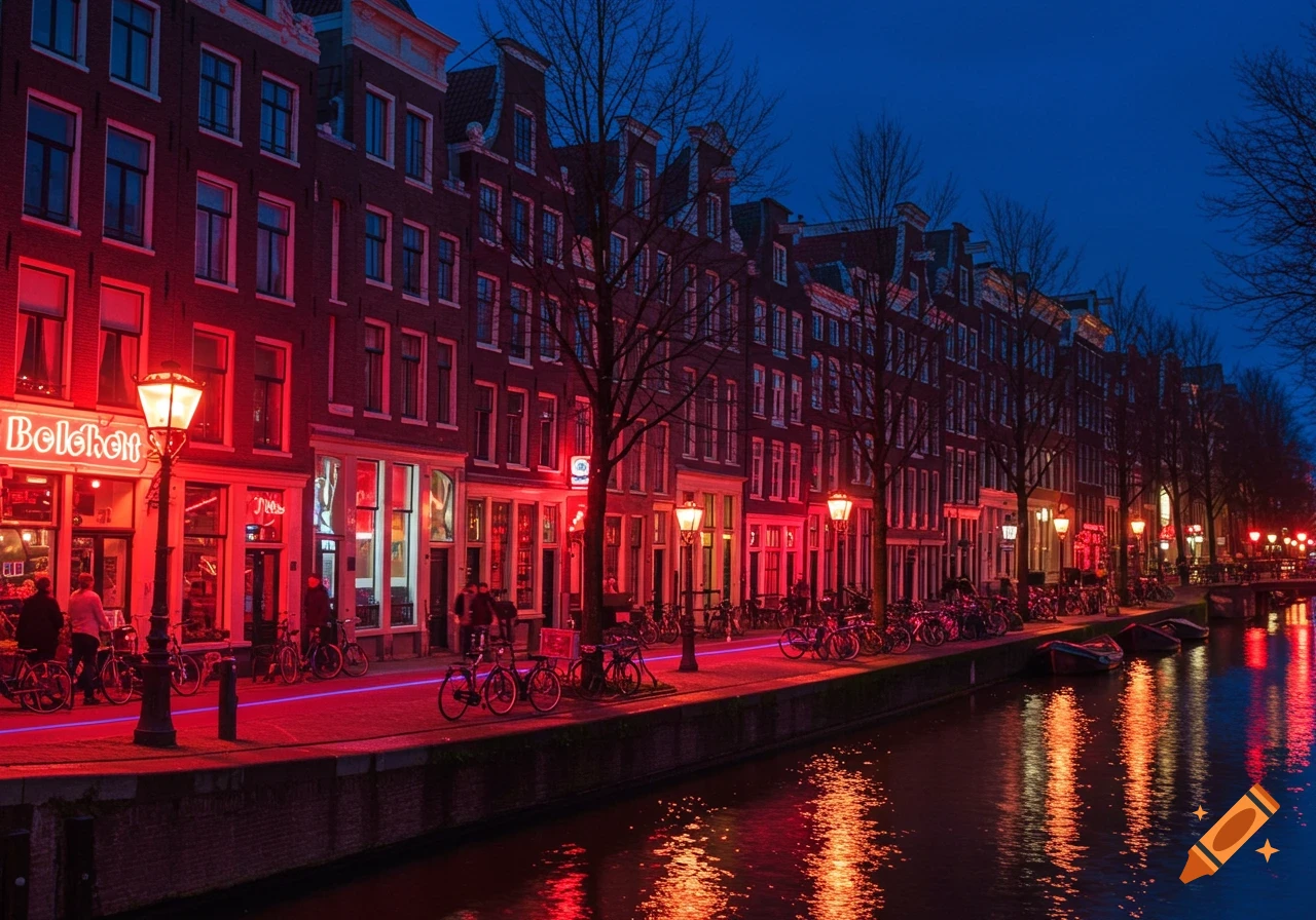 A night view of Amsterdam's Red Light District with brick buildings illuminated by red neon lights along a canal, with many bicycles parked along the street.