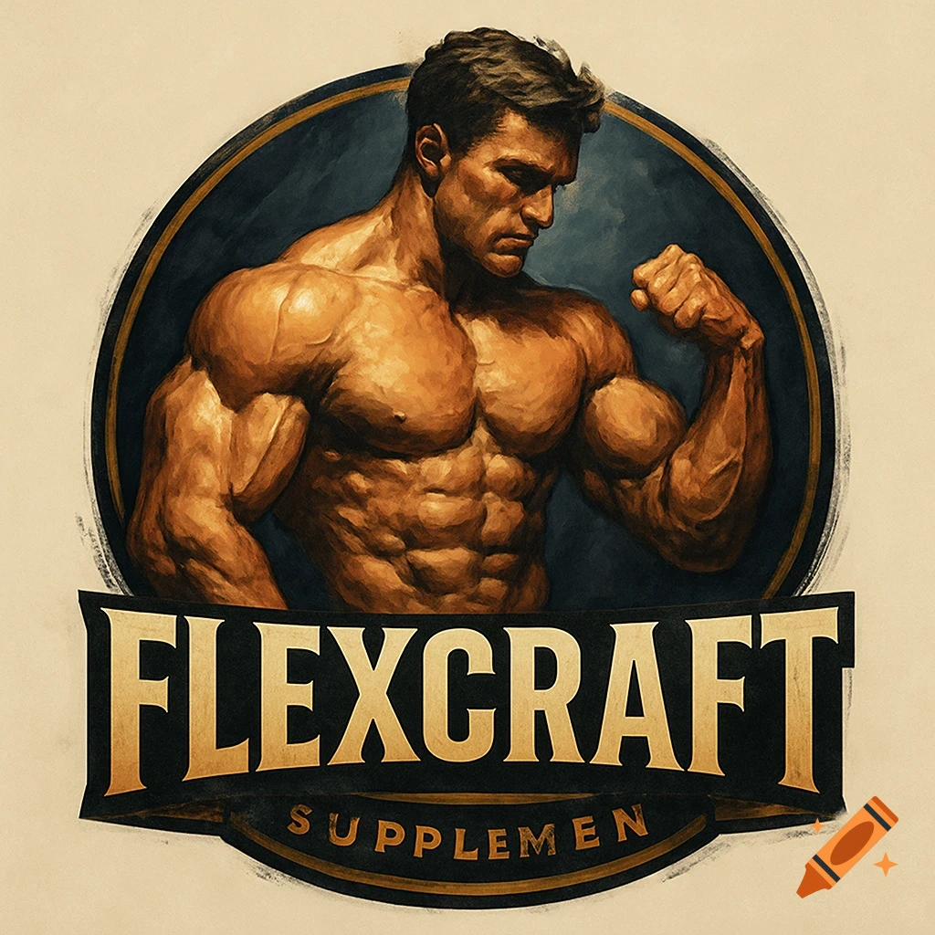 A vintage-style logo featuring a muscular bodybuilder flexing, with the text FLEXCRAFT and SUPPLEMEN below.
