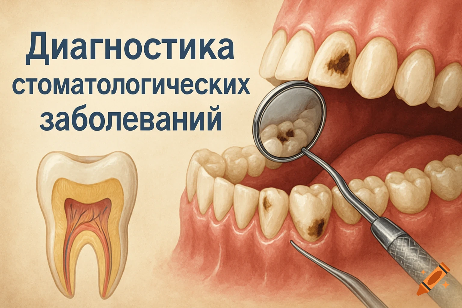 Illustration of a human jaw with teeth and gums, some teeth showing cavities, a dental mirror, and a cross-section of a tooth. Text: Diagnosis of dental diseases.