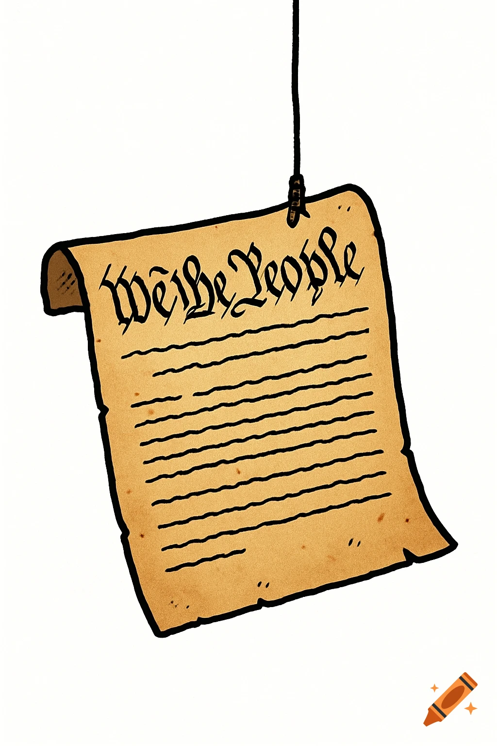 Cartoon illustration of a parchment document, titled 'We the People', dangling from a thread on a white background.