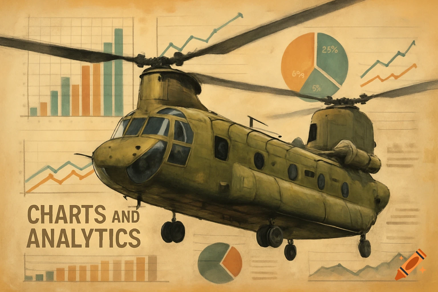A military Chinook helicopter illustrated in a vintage style, flying over background charts and analytics with the text "CHARTS AND ANALYTICS" on an aged paper texture.
