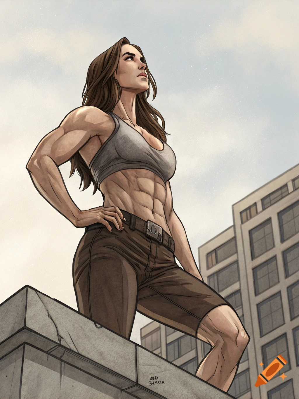 A powerful, muscular woman in a sports bra and shorts stands heroically from a low-angle perspective, with buildings in the background, in a comic book illustration style.
