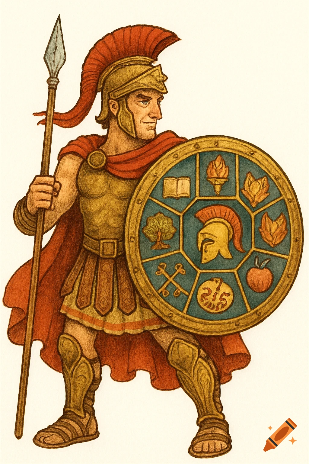 A stylized illustration of a heroic Spartan warrior holding a spear and a large shield with various symbolic crests.