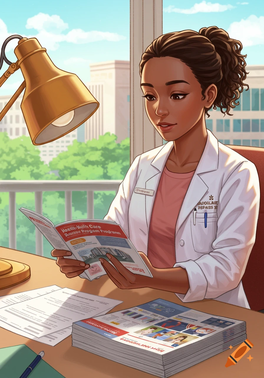 A woman in a lab coat reads a healthcare program magazine at a desk, with a lamp and city view. Stylized illustration.