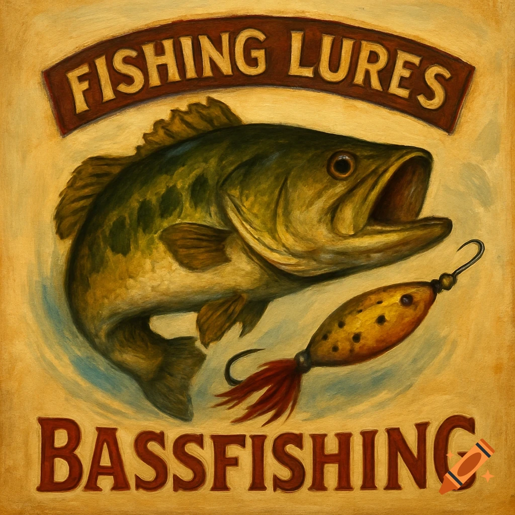 A vintage-style illustration for a fishing company logo featuring a largemouth bass and a yellow fishing lure, with text 'FISHING LURES' and 'BASSFISHING'.