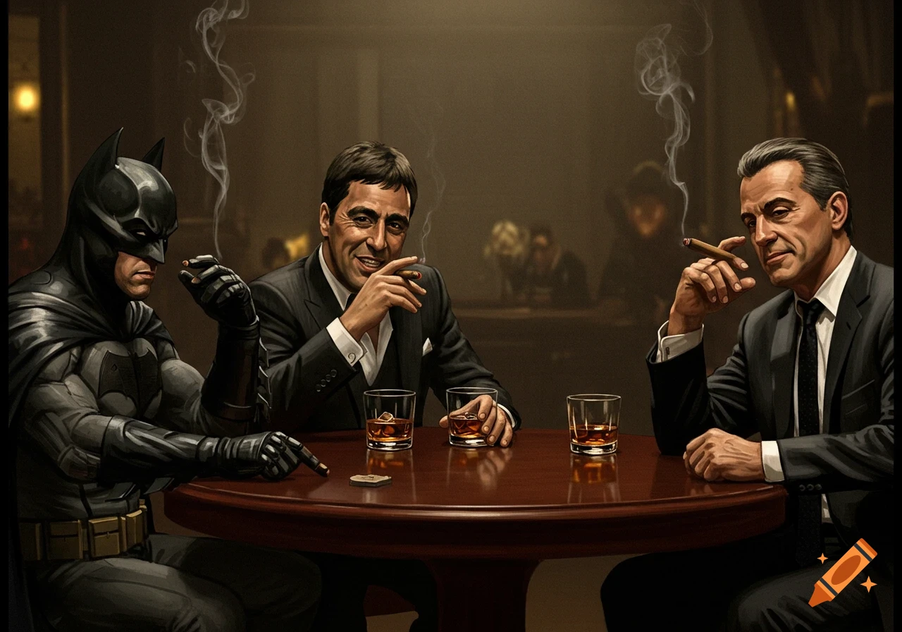 Batman and two men in suits, resembling movie characters, smoke cigars and drink whiskey at a table in a dimly lit bar, in a detailed digital art style.