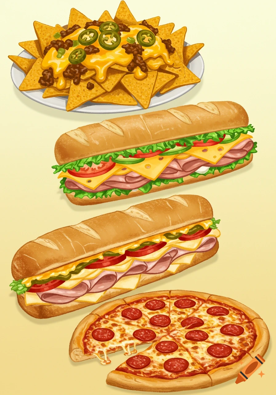 A colorful illustration of nachos, two submarine sandwiches, and a pepperoni pizza on a light background.