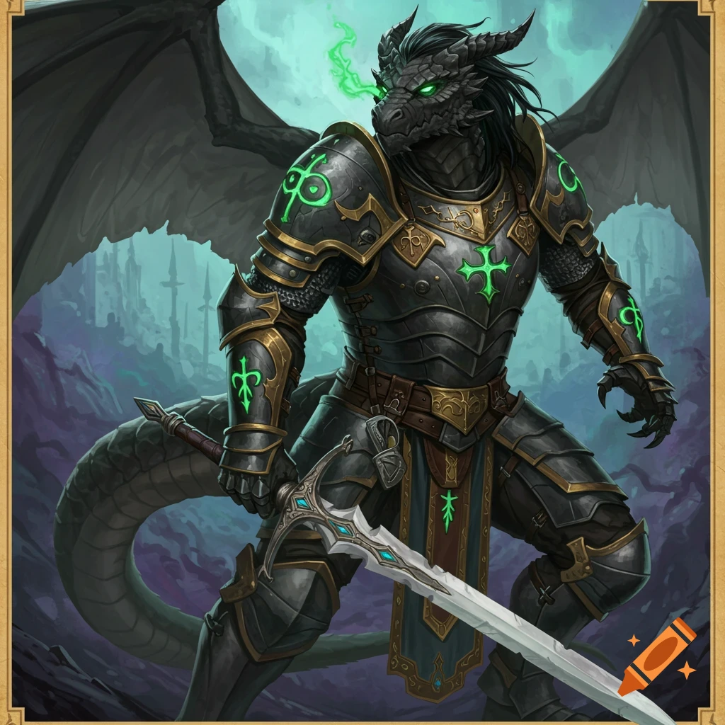 A black dragonborn knight in dark armor with glowing green symbols, holding a large sword, in a fantasy setting.
