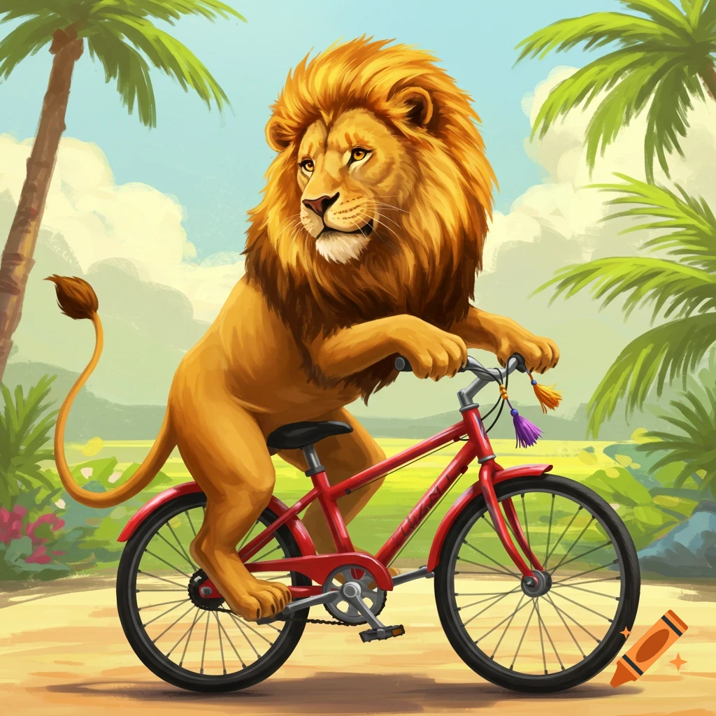 A cartoon lion with a golden mane rides a red bicycle down a sunny path, surrounded by green fields and palm trees.
