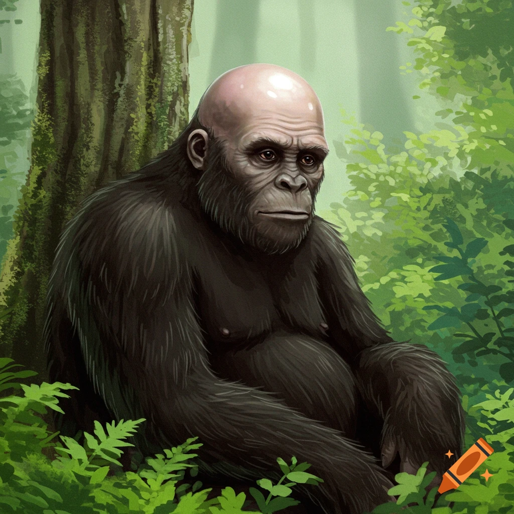 A dark-furred Bigfoot creature with a bald head sits leaning against a tree in a lush green forest, depicted in a digital art style.