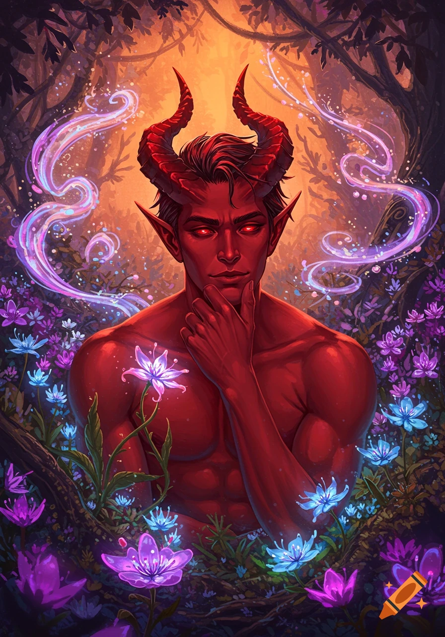 Red-skinned male demon with horns and glowing red eyes in a magical forest surrounded by vibrant purple and blue flowers and light tendrils, digital art.