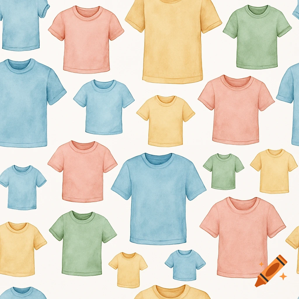 A seamless pattern of watercolor t-shirts in various pastel colors and sizes, including blue, pink, yellow, and green.