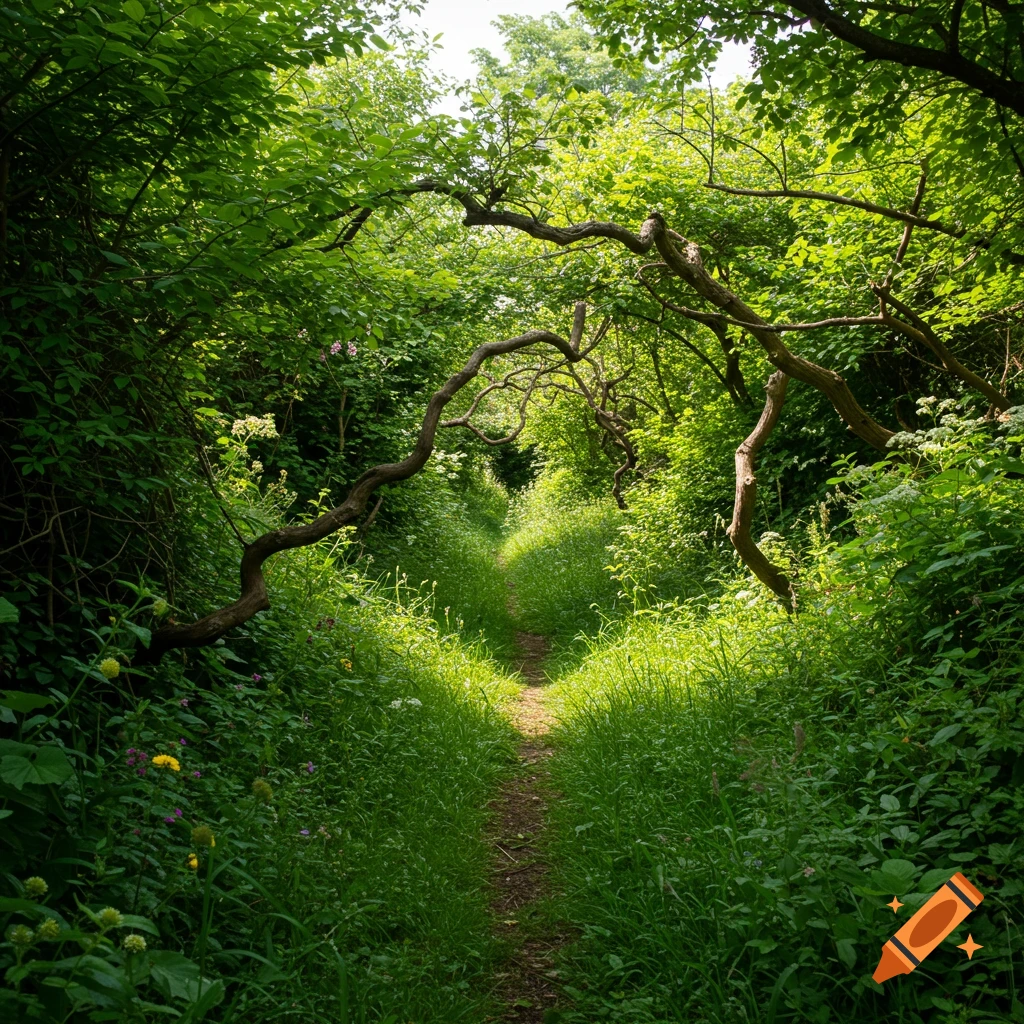 A narrow, sunlit dirt path winds through an overgrown green forest with gnarled branches arching overhead.