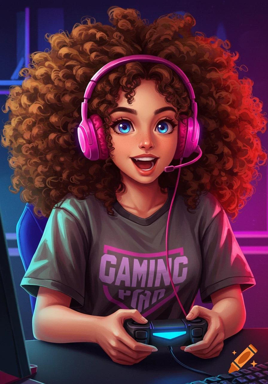An illustration of a smiling gamer girl with large curly brown hair and bright blue eyes, wearing pink headphones and a gray shirt with a 'GAMING' logo, holding a black controller.