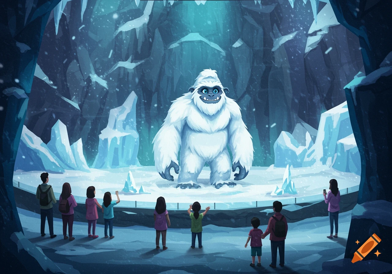 A cartoon yeti exhibit in an ice cave, with a large white yeti observed by a group of people.
