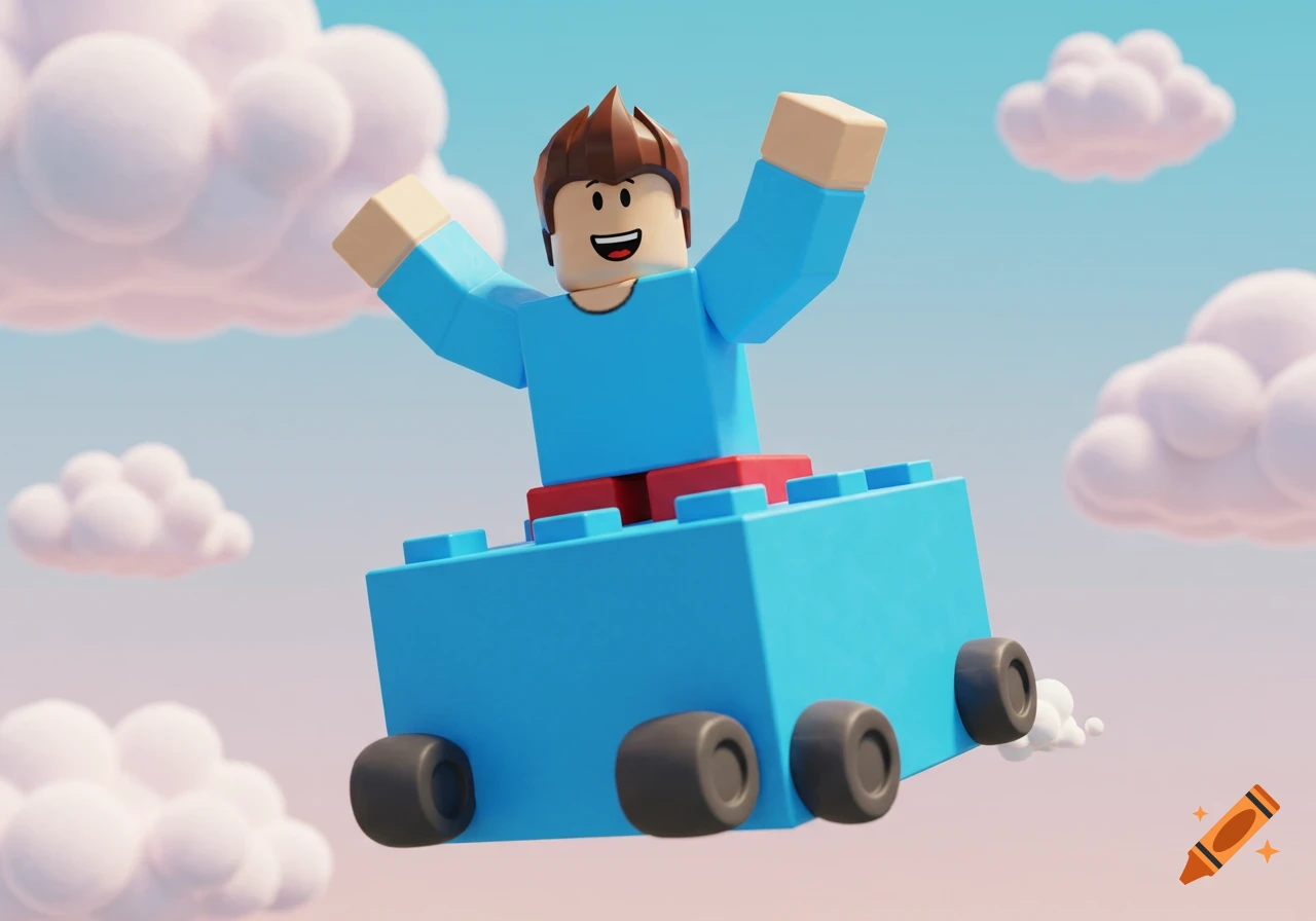 A Roblox character in a blue block cart floats through a cloudy sky.