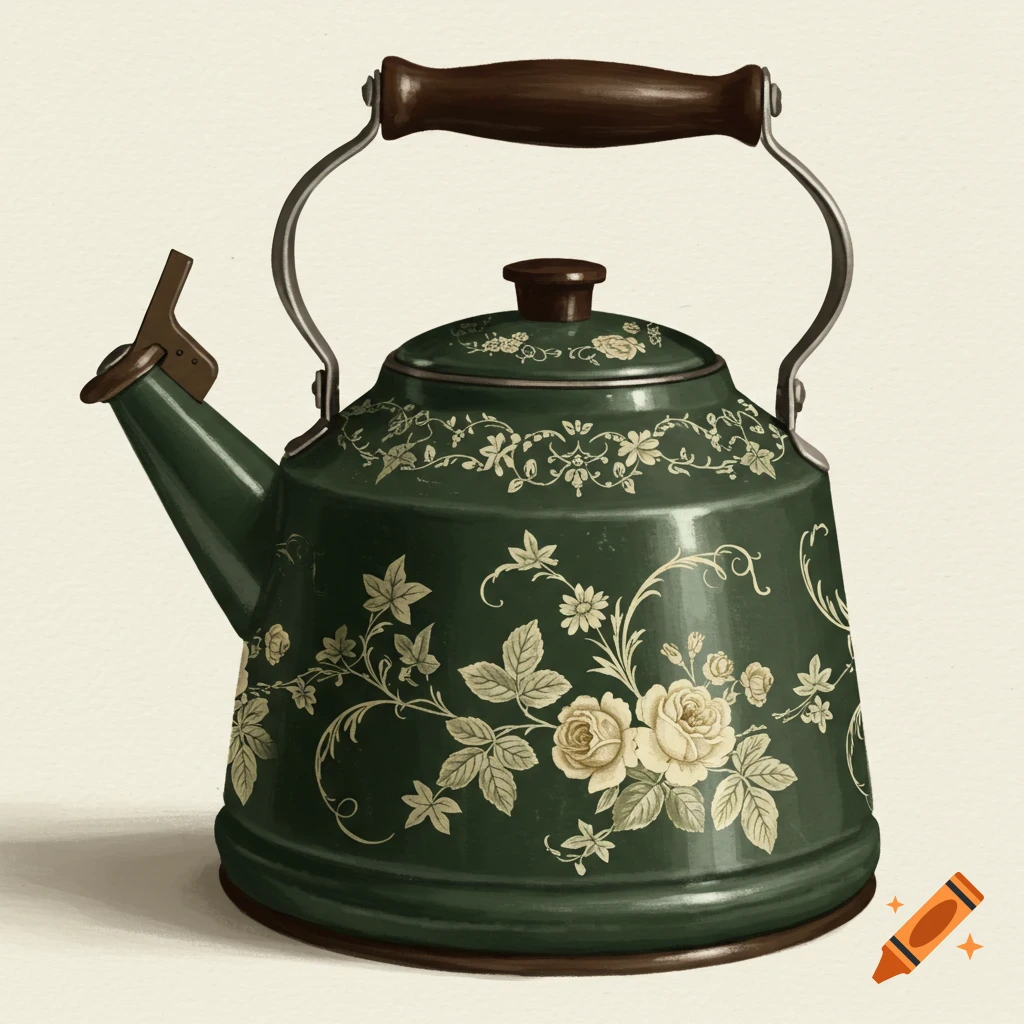 A dark green kettle with a vintage-style floral and leaf pattern on a light background.