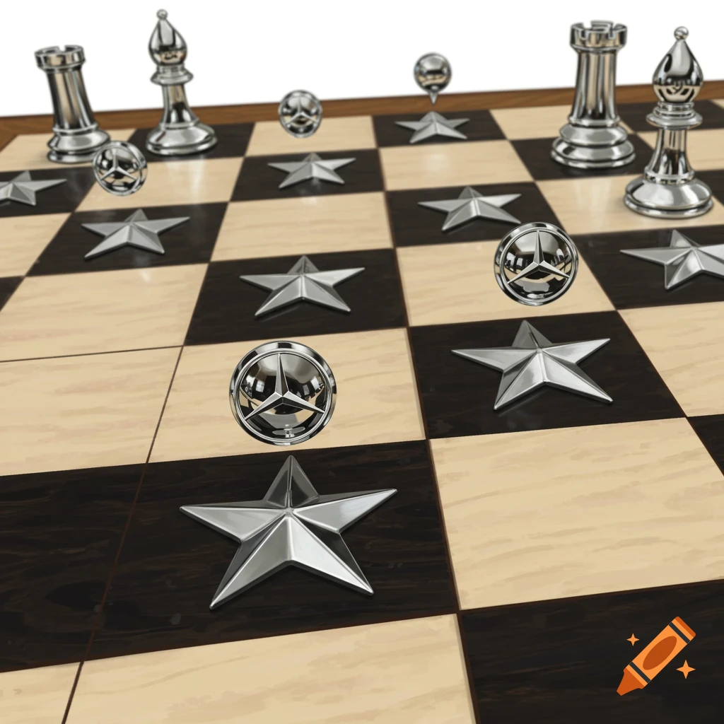 A chess board with metallic chess pieces, silver stars, and Mercedes-Benz emblems floating above the squares.