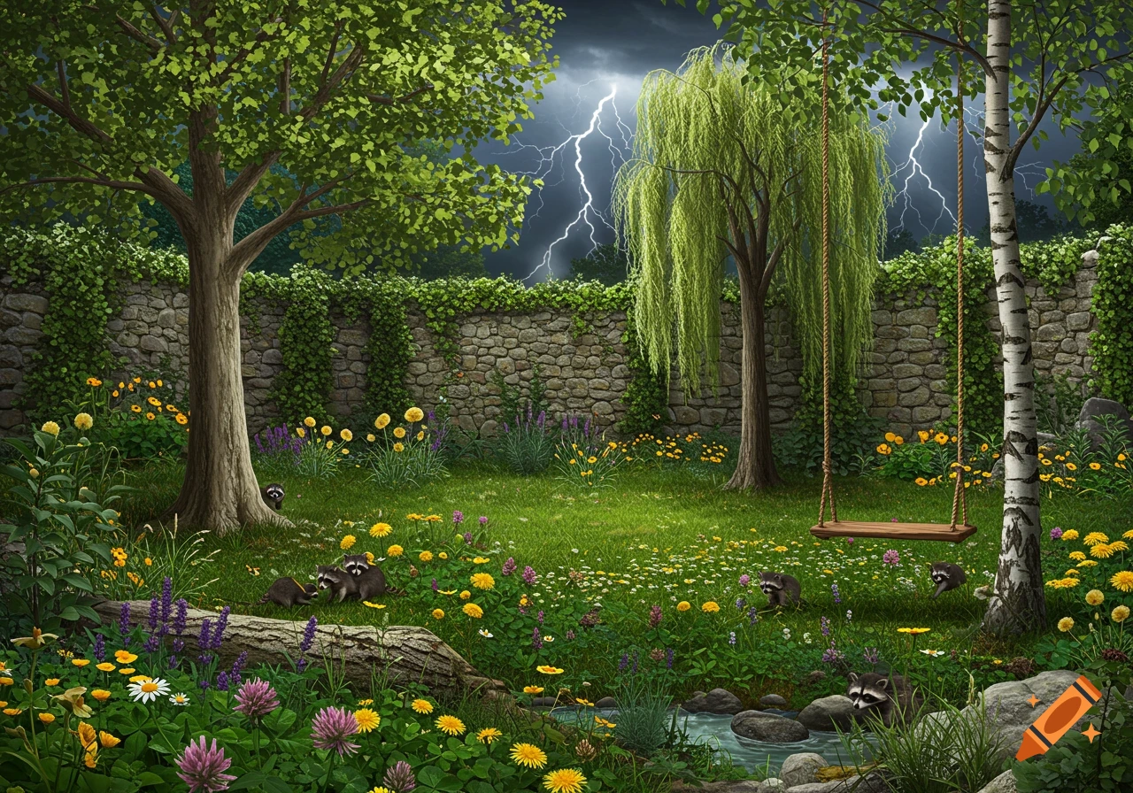 A lush garden with trees, wildflowers, a rocky brook, and raccoons under a stormy sky with lightning. A swing hangs from a birch tree.