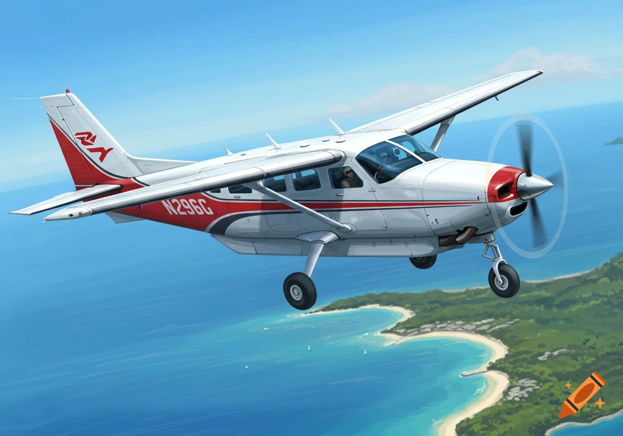 A white and red Cessna airplane flying over a tropical island and blue ocean in an illustration style.
