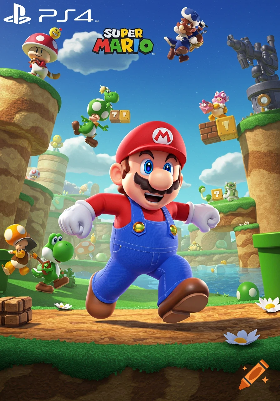 Super Mario, Yoshi, Toad, and other characters in a vibrant, cartoonish video game scene, featuring a blue sky and green landscape.