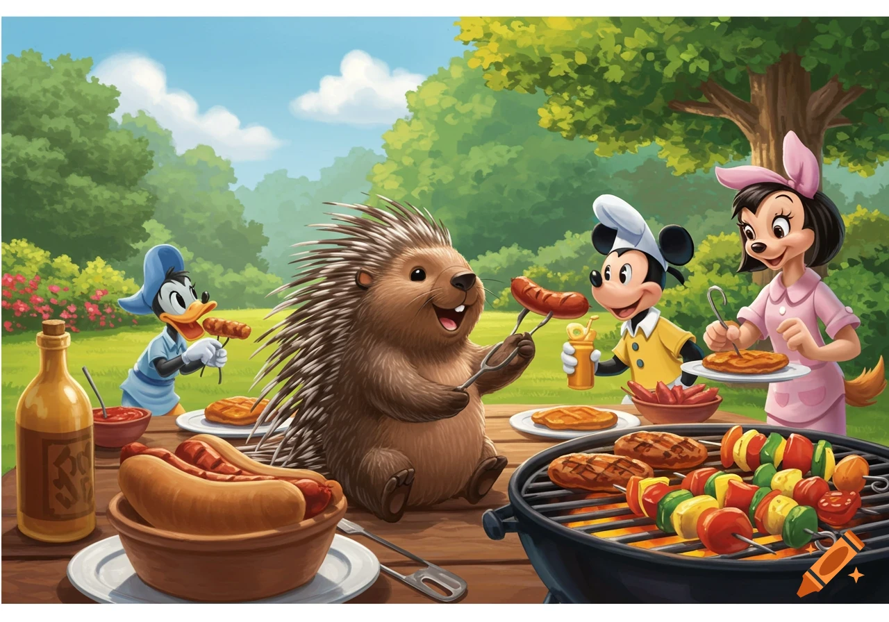 Mickey Mouse, Donald Duck, Minnie Mouse, and a porcupine enjoy a BBQ in a vibrant cartoon style.
