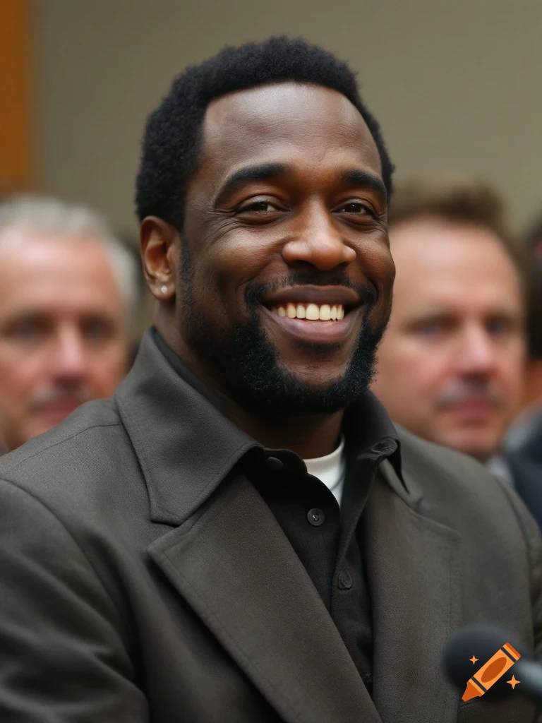 A smiling Black man with a beard and dark hair wearing a suit jacket in a formal setting, with blurred people in the background.