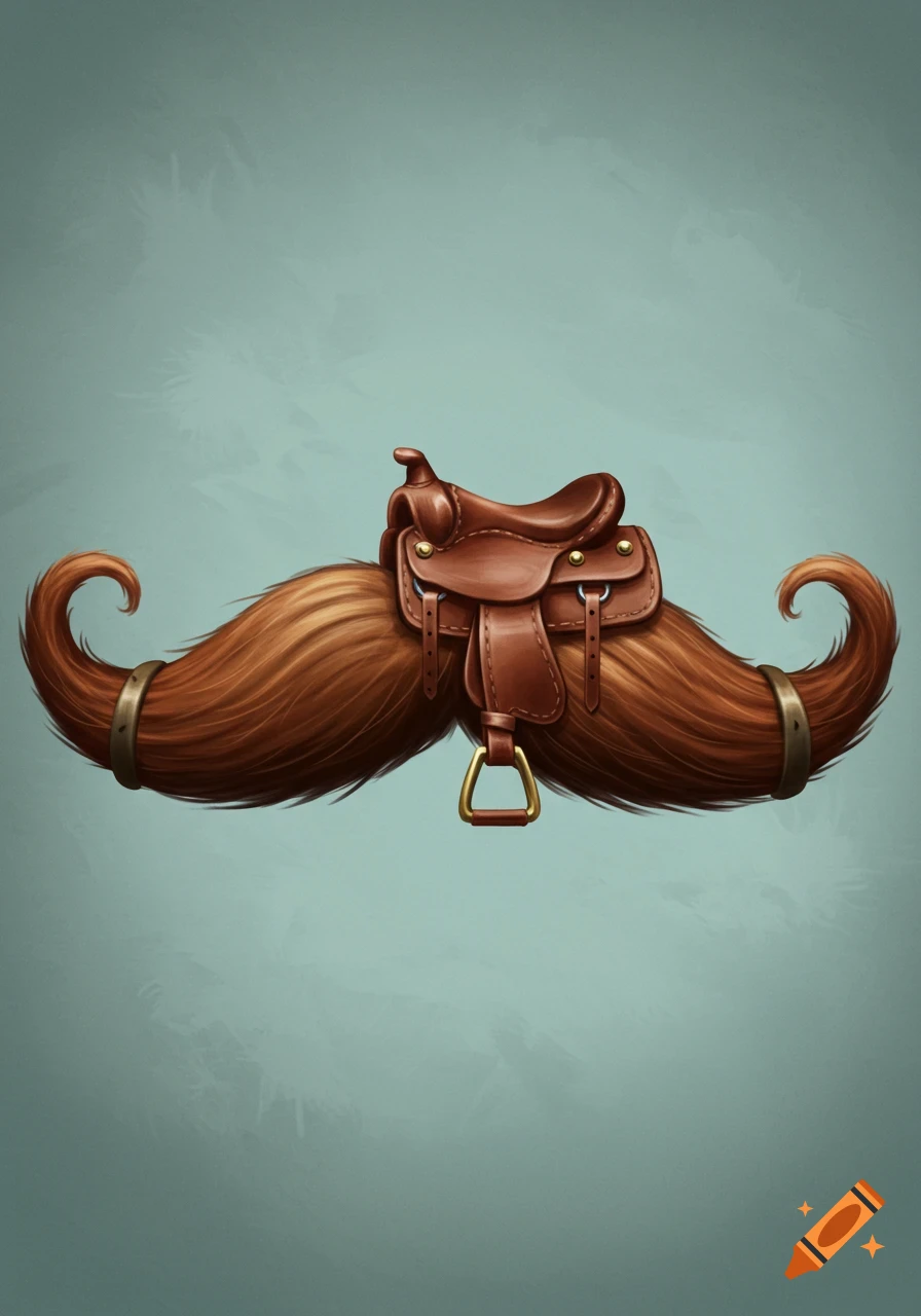 A brown handlebar mustache with a small brown leather saddle on top, against a teal background.