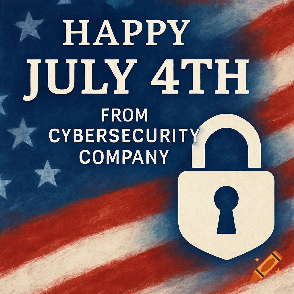 Happy July 4th greeting with an American flag background and a cybersecurity lock icon.