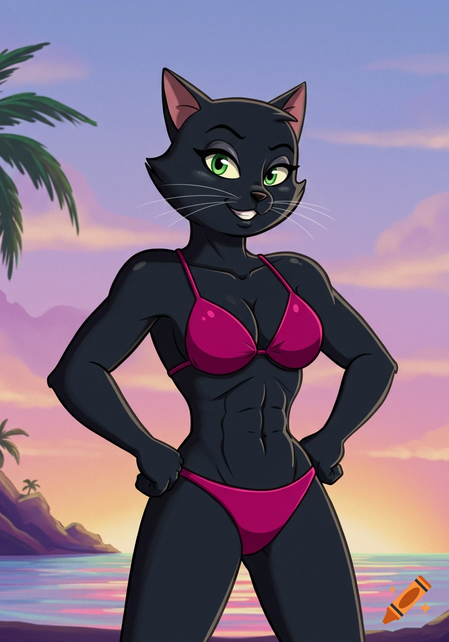 An anthropomorphic black cat with green eyes in a pink bikini poses on a beach at sunset, showing an athletic build. Cartoon style.