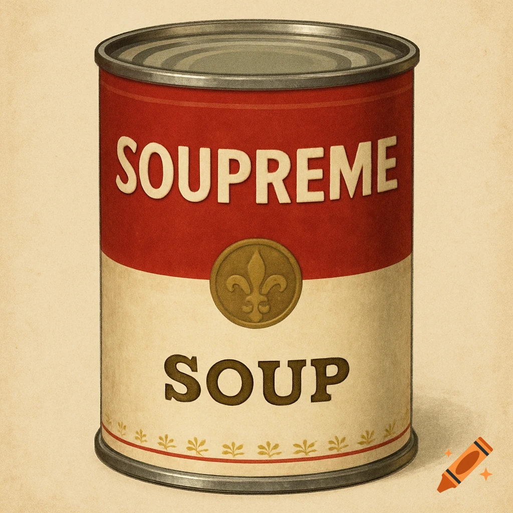A retro-styled red and beige soup can with 'SOUPREME' and 'SOUP' labels, featuring a golden fleur-de-lis emblem.