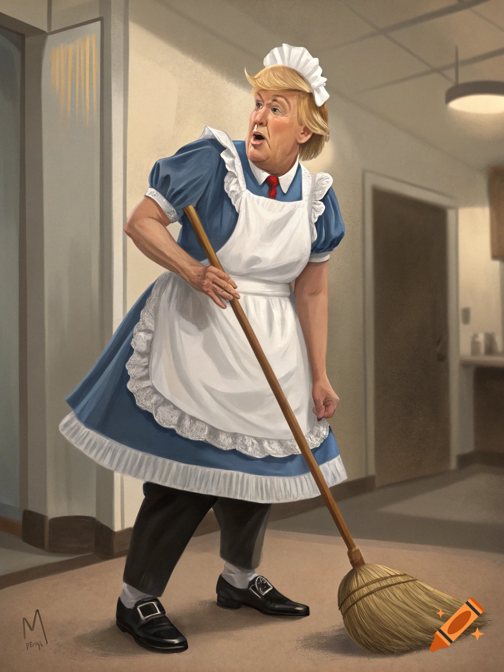 Illustrated caricature of Donald Trump in a blue maid's costume and white apron, holding a broom with a surprised expression.
