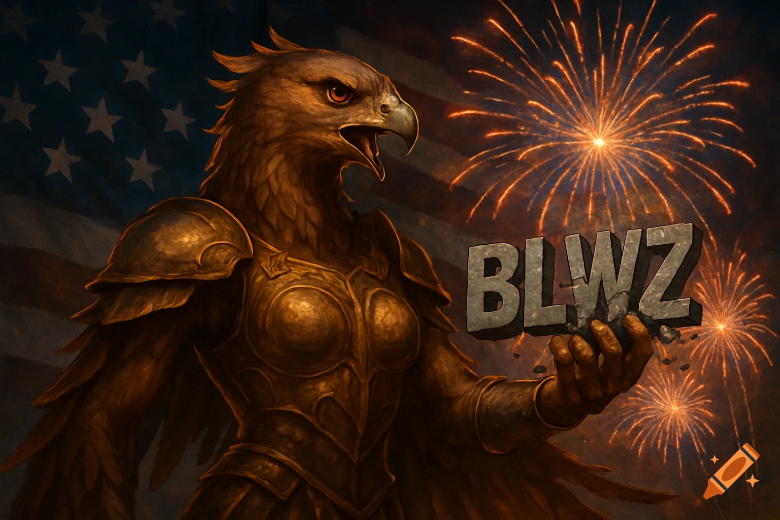 An armored eagle-headed warrior holds broken letters "BLWZ" against a background of an American flag and fireworks.
