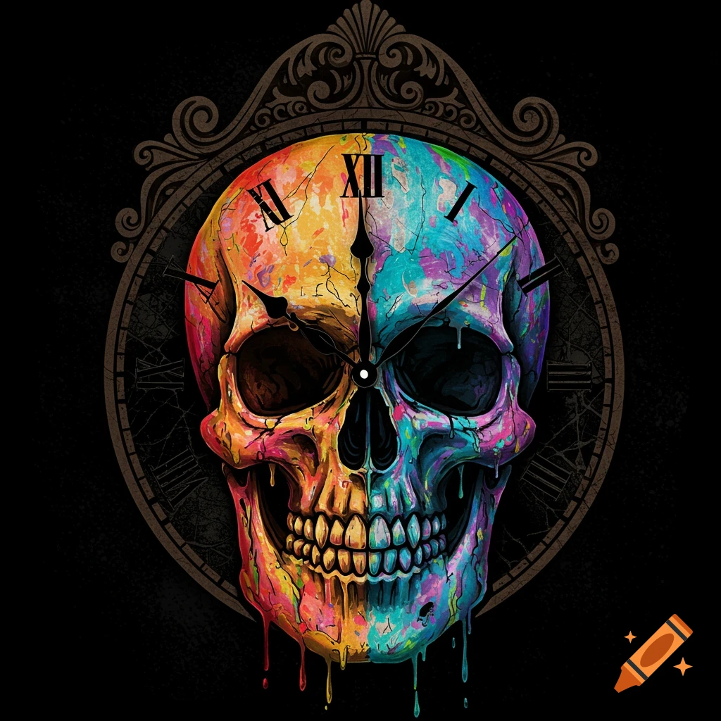 Vibrant, colorful skull integrated with a clock face, set against a dark background within an ornate frame.