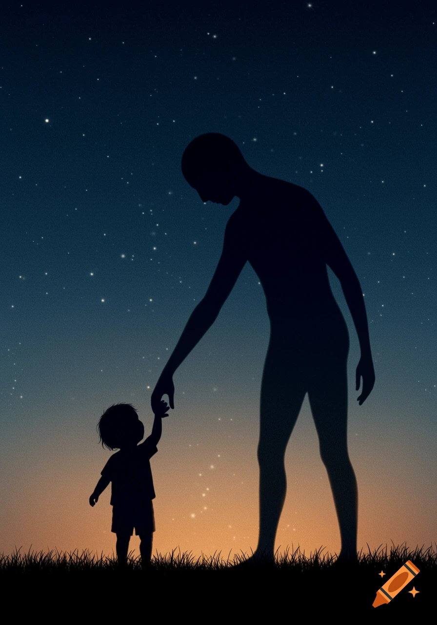Silhouettes of an adult and child holding hands against a starry twilight sky with an orange glow, standing on grass.