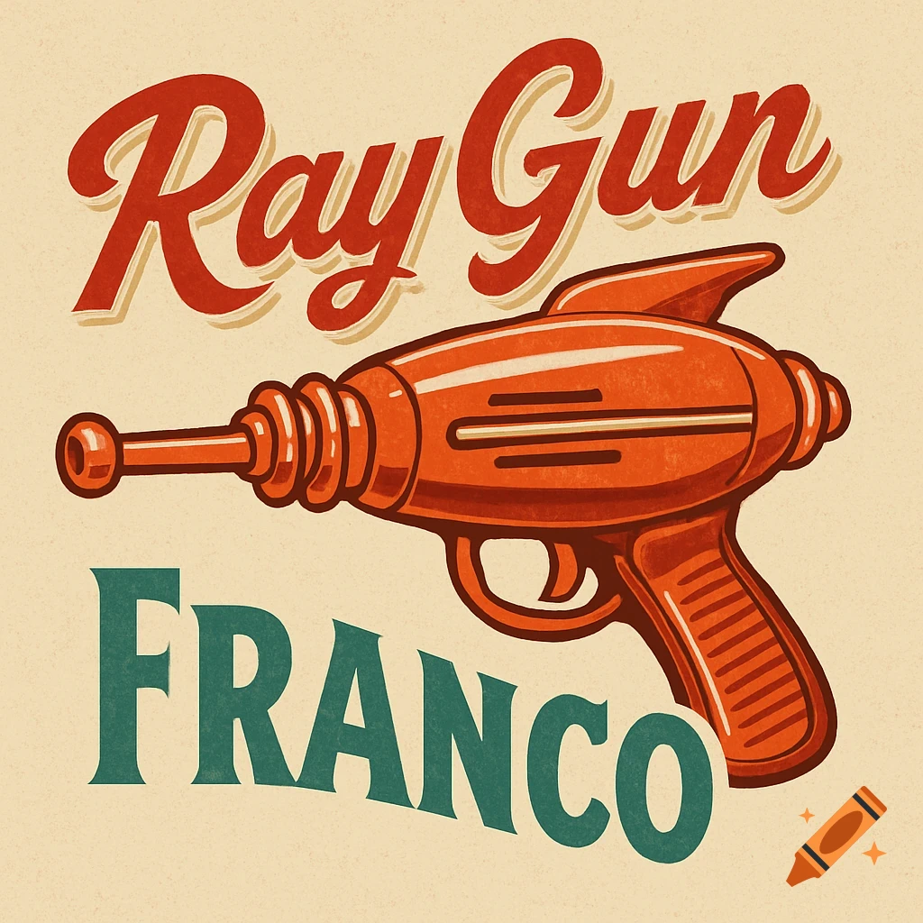 A retro 1950s style logo featuring an orange ray gun with the text 'Ray Gun' above it and 'Franco' below it.