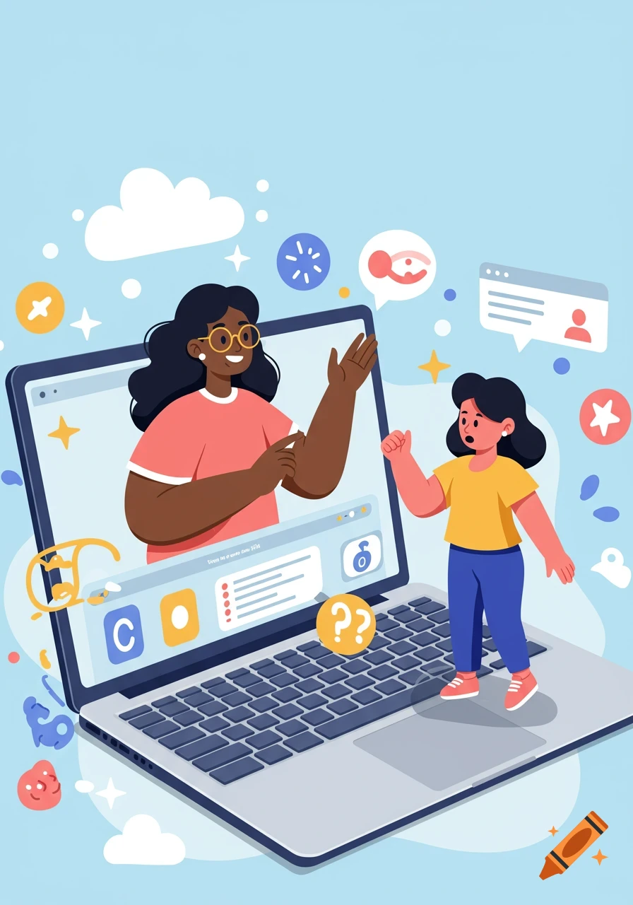 Cartoon illustration of a child standing on a laptop, interacting with a virtual coach on the screen, surrounded by abstract educational icons.