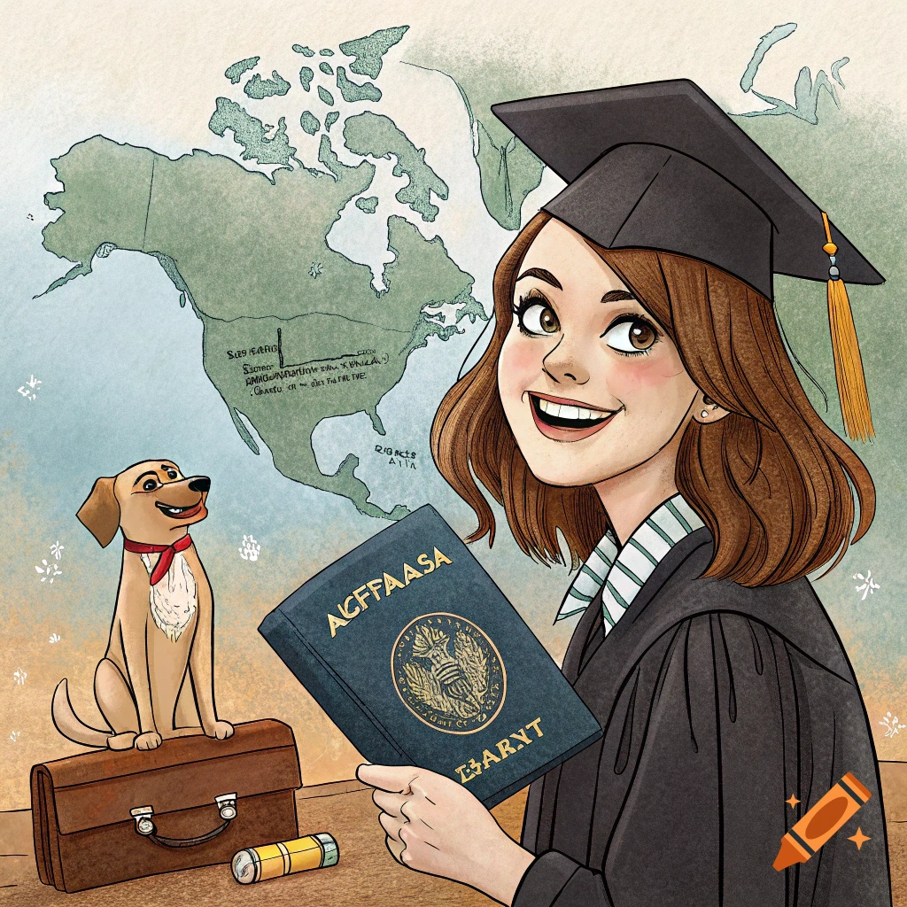 A cartoon illustration of a smiling woman in a graduation cap and gown holding a book, with a dog on a briefcase and a map of North America in the background.