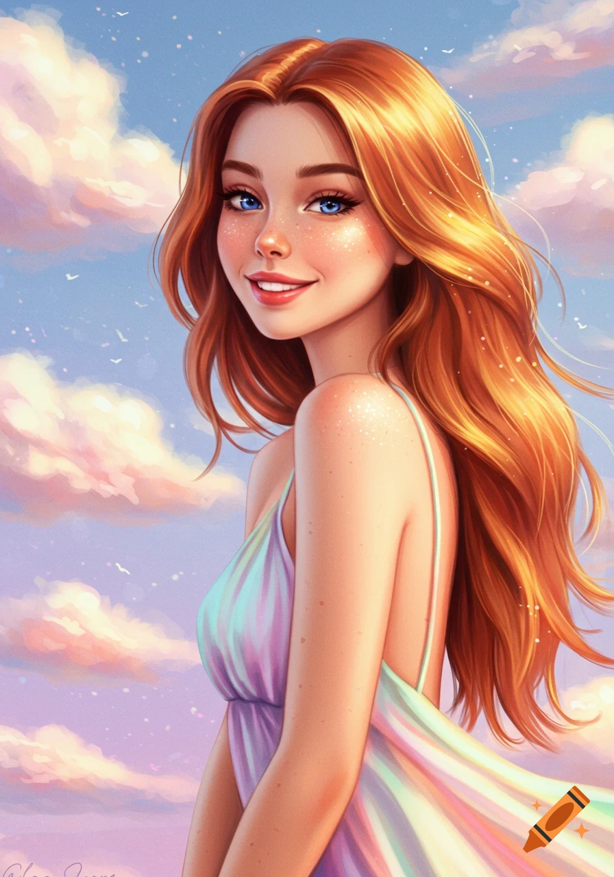 Digital painting of a smiling woman with long red hair and blue eyes, wearing a colorful dress against a cloudy sky.
