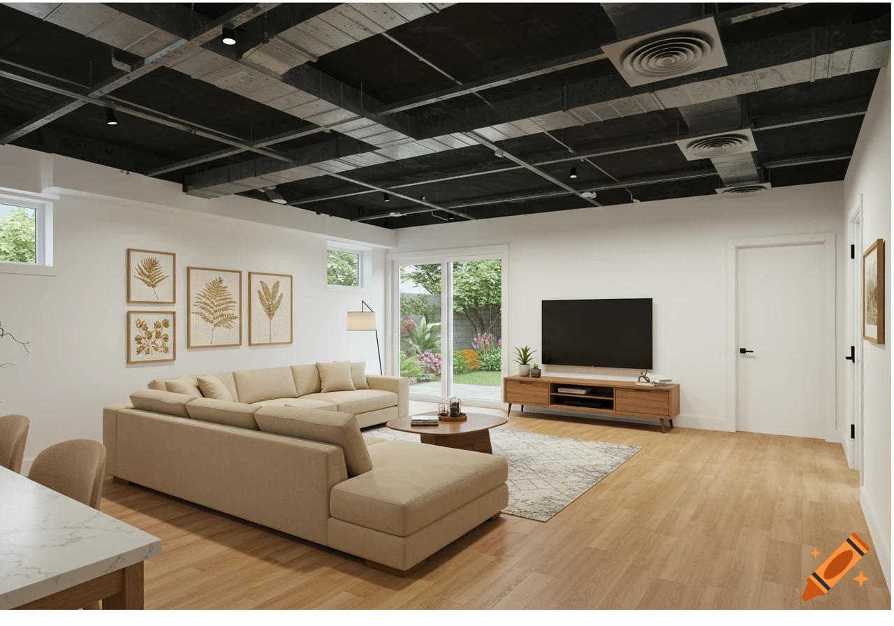 Photorealistic image of a modern walkout basement family room with beige sectional sofa, TV, exposed black ceiling, and view to a garden.