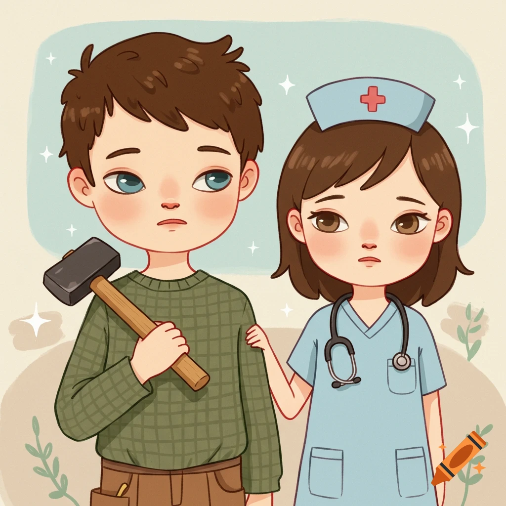 A Yoshitomo Nara-inspired illustration of a boy carpenter holding a hammer and a nurse girl standing close together.