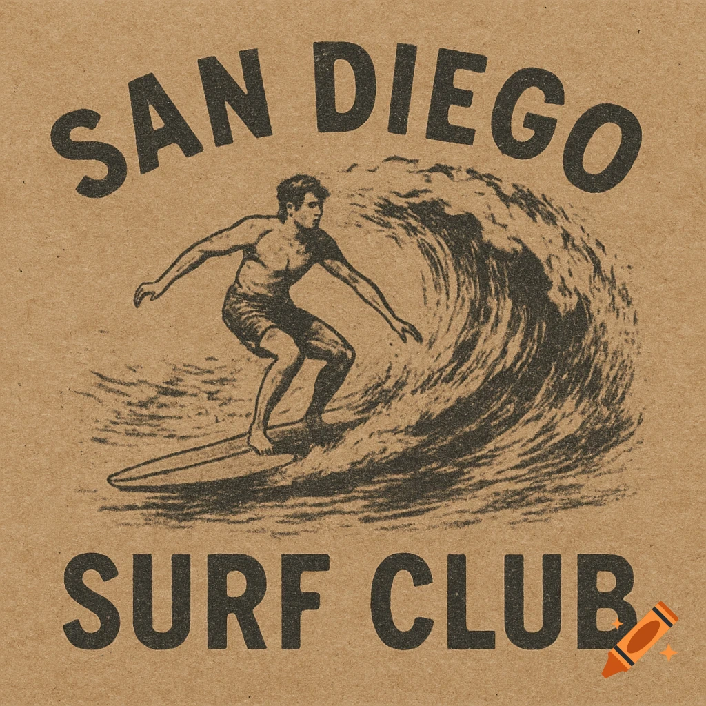 Vintage illustration of a surfer on a wave with 'SAN DIEGO SURF CLUB' text, faded black ink on brown cardboard.