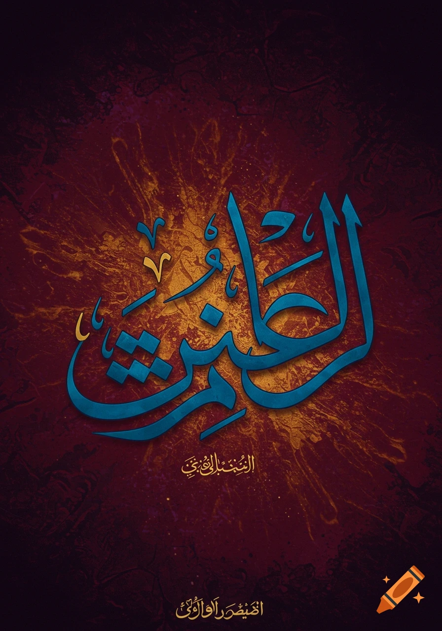 Blue Arabic calligraphy with gold accents on a textured red and gold background.