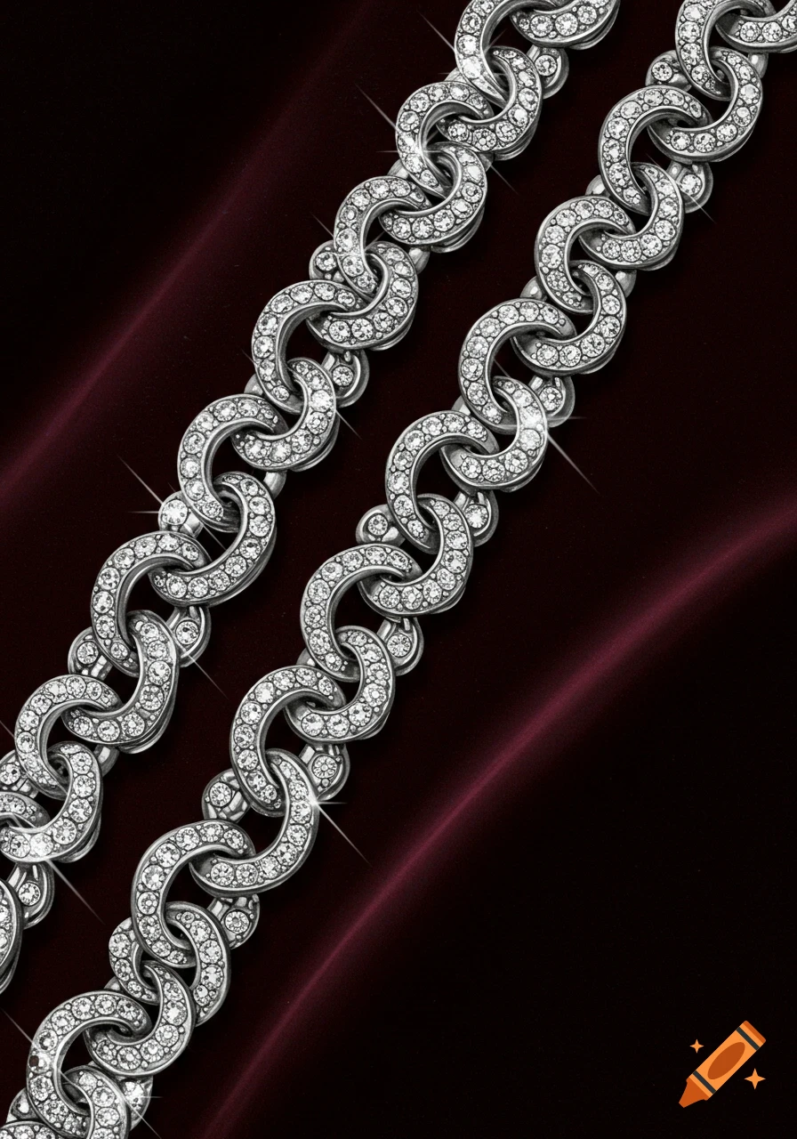 Two sparkling diamond-encrusted silver chains on a dark red fabric background.