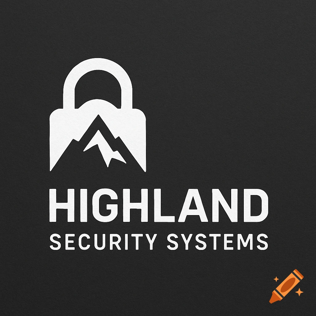 Modern white logo for Highland Security Systems featuring a padlock with mountain peaks inside, on a dark background.