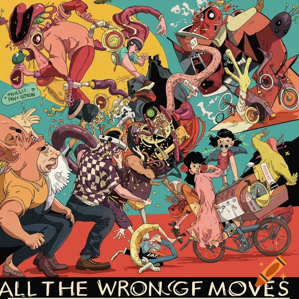 A chaotic and surreal cartoon illustration with multiple distorted figures and objects in a vibrant, busy composition, with text at the bottom reading 'ALL THE WRONG GF MOVES'.
