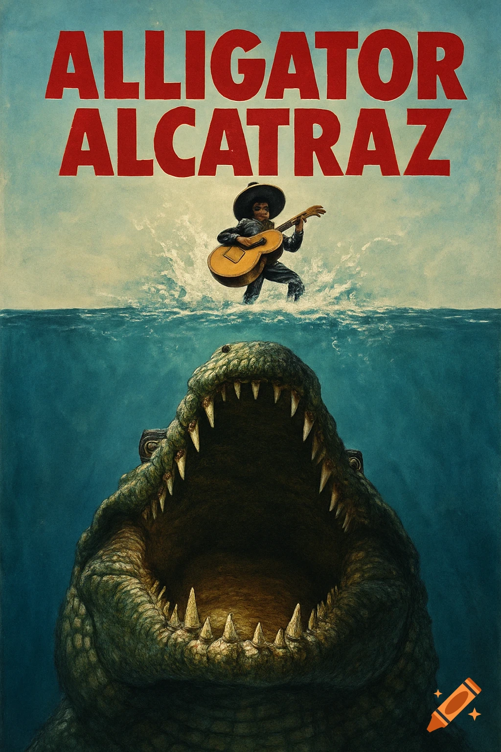 A mariachi in water plays guitar above a giant alligator with an open mouth, like a movie poster. Text: 'ALLIGATOR ALCATRAZ'.